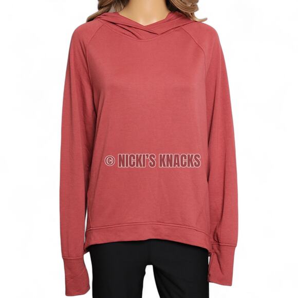 Danskin Tapered Terry Pullover Hoodie with Thumbholes Dark Rose Red Size L - Picture 3 of 10